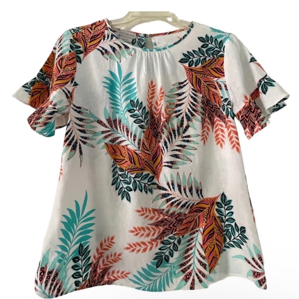 Van Heusen Women's Floral Blouse - Orange, Teal, Black on White